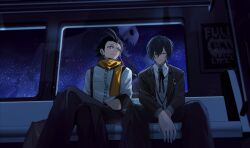 2boys absurdres aqua_eyes black_hair black_jacket black_pants blue_hair closed_eyes closed_mouth fsmaichobpeg0 highres jacket male_focus mochizuki_ryouji multiple_boys pants persona persona_3 scarf shirt sitting sky star_(sky) starry_sky train_interior white_shirt yellow_scarf yuuki_makoto_(persona_3)