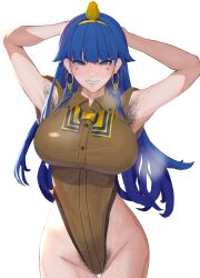 Rule 34 | 1girl, absurdres, armpit hair, armpits, arms up, blue eyes, blue hair, earrings, enmimontoria, facial mark, gold, gold hairband, gold headdress, gold headwear, hairband, highres, jewelry, key earrings, leotard, long hair, michigami nareko, pubic hair, simple background, smile, solo, touhou, triangle, triangle facial mark, usekh collar, white background