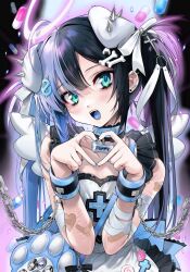 1boy ahoge animal_ears aqua_eyes back_bow bandaged_arm bandages bandaid bandaid_on_arm bare_shoulders black_hair black_ribbon black_trim blue_bow blue_collar blue_hair blue_nails blue_tongue blush bone_hair_ornament bow center-flap_bangs chain collar collarbone colored_inner_hair colored_tongue cross dog_ears dress ear_piercing earrings fangs food-themed_earrings food-themed_hair_ornament frilled_collar frilled_dress frills gradient_hair hair_between_eyes hair_ornament hair_ribbon halo hands_up head_tilt heart heart-shaped_bandaid heart_hands highres indie_virtual_youtuber internet_explorer jewelry juriken long_hair looking_at_viewer mazamuno multicolored_hair nail_polish onigiri_earrings onigiri_hair_ornament open_mouth piercing pill purple_hair ribbon scar simple_background solo spiked_ear_piercing spikes split-color_hair teeth tongue_piercing trap twintails upper_body upper_teeth_only virtual_youtuber white_dress white_halo white_ribbon white_wings wings