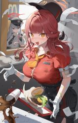 2girls @_@ absurdres apron aru_(blue_archive) bandaged_arm bandages bandaid bandaid_on_arm bandaid_on_cheek bandaid_on_face baseball_cap black_apron blue_archive blush breasts burger center_frills cola demon_horns dress food frills gloves grey_hair halo haruna_(blue_archive) hat highres horns jeon-eo_konoshiro large_breasts looking_at_another looking_at_viewer mcdonald&#039;s multiple_girls name_tag necktie peaked_cap pink_hair puffy_short_sleeves puffy_sleeves receipt red_dress red_halo shaded_face short_necktie short_sleeves spill tears v-shaped_eyebrows waist_apron white_gloves