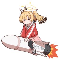 1girl :t black_thighhighs blonde_hair blue_archive blush brown_eyes closed_mouth hair_between_eyes hair_ribbon halo highres jacket long_hair long_sleeves pink_skirt pleated_skirt pout puffy_long_sleeves puffy_sleeves red_jacket ribbon rocket sailor_collar shoes skirt solo thighhighs track_jacket transparent_background twintails unadon_(unadoom) v-shaped_eyebrows white_ribbon white_sailor_collar white_shoes yoshimi_(blue_archive)