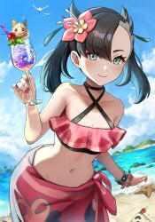 1girl asymmetrical_bangs beach bikini black_choker black_hair blue_sky bracelet breasts choker cleavage cloud creatures_(company) day flower game_freak gen_1_pokemon gen_3_pokemon gen_7_pokemon gen_8_pokemon green_eyes hair_flower hair_ornament hibiscus jewelry leaning_forward marnie_(pokemon) marnie_(summer_2021)_(pokemon) morpeko morpeko_(full) navel nintendo outdoors pokemon pokemon_(creature) pokemon_masters_ex red_nails sandygast sarong setta_shu sky small_breasts staryu stomach swimsuit twintails undercut wingull