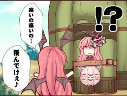 2girls alternate_costume bat_wings belt bound bow bubble_skirt comic gundam gundam_0083 gundam_gp-02_physalis hata_no_kokoro head_wings koakuma kuresento long_hair long_sleeves mask multiple_girls open_mouth pink_eyes pink_hair red_hair rocket skirt tied_up_(nonsexual) touhou translation_request wings