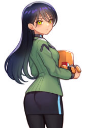1girl black_hair black_pantyhose black_skirt closed_mouth commentary_request conch_(gundam) folks_(nabokof) from_behind green_shirt gundam gundam_gquuuuuux highres long_hair long_sleeves looking_at_viewer nyaan_(gundam_gquuuuuux) pantyhose shirt simple_background skirt solo white_background yellow_eyes