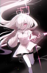 1girl absurdly_long_hair absurdres black_background blue_archive dress hair_over_one_eye halo highres kei_(blue_archive) kei_(new_body)_(blue_archive) kurana_(atlas) long_hair long_sleeves looking_at_viewer pink_eyes pink_halo rectangular_halo ringed_eyes solo standing standing_on_one_leg thighhighs very_long_hair white_dress white_hair white_thighhighs wide_sleeves