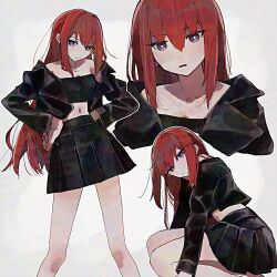 1girl alternate_costume bare_shoulders black_jacket black_skirt black_tube_top breasts commentary cowboy_shot dot_nose expressionless hands_on_own_hips highres jacket long_hair looking_at_viewer looking_to_the_side makise_kurisu multiple_views navel pleated_skirt purple_eyes red_hair sidelocks simple_background skirt small_breasts squatting steins;gate strapless suehiroch0 tube_top white_background