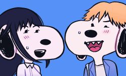black_hair blonde_hair blue_jacket bubblemunne chainsaw_man charles_schulz_(style) cosplay denji_(chainsaw_man) denji_(chainsaw_man)_(cosplay) dog highres jacket mitaka_asa mitaka_asa_(cosplay) open_mouth peanuts_(comic) sharp_teeth shirt snoopy teeth white_shirt