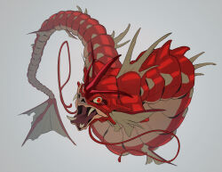 alternate_color commentary english_commentary fangs fins full_body gen_1_pokemon grey_background gyarados head_fins highres looking_at_viewer nintendo no_humans official_alternate_color open_mouth pokemon pokemon_(creature) red_eyes rott-rott shiny_pokemon