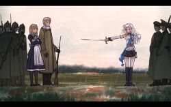 Rule 34 | 1boy, 2girls, 6+others, aiguillette, alpha (alpha 1918), armband, artist request, blonde hair, blue eyes, blue sash, bolt action, boots, buttons, character request, collar, cross, cross pendant, epaulettes, fluffy, fluffy hair, gloves, gold buttons, gold trim, gun, hair ornament, high collar, highres, holding, holding weapon, knee boots, letterboxed, lips, long hair, long sleeves, maid, military, military uniform, miniskirt, mosin-nagant, multiple girls, multiple others, original, outdoors, pantyhose, pointing melee weapon, pointing sword, rain, red eyes, red sleeve cuffs, rifle, russian civil war, russian empire, sash, skirt, sleeve cuffs, soviet army, sputnik and pogrom, standing, sword, thighhighs, very long hair, weapon, white army, white gloves, white hair, white thighhighs, zettai ryouiki