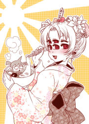 1girl bad_id bad_pixiv_id blush bow bowl braid chopsticks earrings extra_eyes fair-chan female_focus flower food food-themed_earrings fruit glasses hair_bow hair_flower hair_ornament hair_up in_food japanese_clothes jewelry kimono looking_back mochi monster_girl obi one_eye_closed original partially_colored pineapple popsicle_stick red_eyes rising_sun_flag sash short_hair smile solo steam sugiya_manao sunburst wagashi