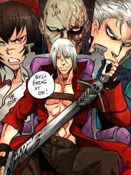 1girl 3boys arkham_(devil_may_cry) artist_name black_hair blue_eyes chair dante_(devil_may_cry) devil_may_cry devil_may_cry_(series) devil_may_cry_3 domesticvamp green_eyes heterochromia highres jacket lady_(devil_may_cry) multiple_boys no_shirt on_chair rebellion_(sword) red_eyes red_jacket signature sitting smirk speech_bubble sword vergil_(devil_may_cry) weapon white_hair