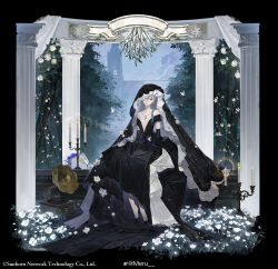 Rule 34 | 1girl, absurdres, bell tower, black border, black dress, black footwear, black gloves, black veil, blue flower, border, bouquet, breasts, bug, butterfly, candelabra, candle, candlestand, chinese commentary, closed mouth, clotho (neural cloud), cloud, copyright notice, dress, earrings, elbow gloves, flower, flower ornament, full body, girls&#039; frontline, girls&#039; frontline neural cloud, gloves, gown, grass, grey hair, hair between eyes, high heels, highres, holding, insect, iris (flower), jewelry, lily (flower), long dress, long hair, looking down, meru02295238, mistletoe, mole, mole under eye, necklace, off-shoulder dress, off shoulder, official art, pear blossom, phonograph, pillar, plunging neckline, poppy (flower), ringlets, rose, short sleeves, shuttle (weaving tool), sitting, sitting on stairs, small breasts, smile, solo, stairs, tree, veil, very long hair, watermark, wavy hair, weibo watermark, white butterfly, white flower, white rose, wispy bangs, yellow eyes