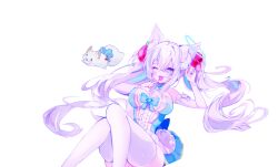 1girl animal_ears blue_dress blue_eyes bow dress elbow_gloves fox_ears fox_girl fox_tail gloves hair_bow indie_virtual_youtuber kirsche_verstahl korsche nail_polish socks tail thighhighs twintails virtual_youtuber white_gloves white_hair white_socks