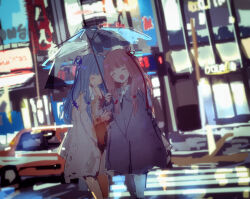 2girls absurdres alternate_costume arm_at_side blue_hair blue_ribbon blurry blurry_background brown_coat building car city closed_eyes coat collared_shirt commentary_request covering_own_mouth crosswalk dutch_angle facing_viewer feet_out_of_frame film_grain grey_coat hair_ribbon hand_over_own_mouth hand_up highres holding holding_another&#039;s_arm holding_umbrella kabuyama_kaigi kotonoha_akane kotonoha_aoi laughing long_hair long_sleeves low-tied_sidelocks motor_vehicle multiple_girls night open_mouth outdoors pink_hair red_ribbon ribbon shared_umbrella shirt siblings side-by-side sidelocks sisters smile transparent transparent_umbrella umbrella urban voiceroid white_shirt