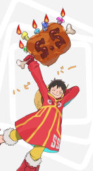 1boy boned_meat boots candle closed_eyes coat commentary_request facial_scar food gloves hat_on_back highres male_focus meat monkey_d._luffy nakahara_(mu_tation) one_piece pants red_coat red_gloves scar scar_on_cheek scar_on_face single_boot smile solo translation_request yellow_pants