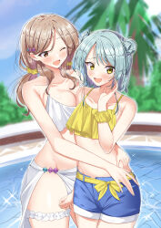 Rule 34 | 2girls, ;d, absurdres, bare hips, belt, belt ribbon, bikini, bikini top only, blonde hair, blue hair, blue shorts, blush, bow, breasts, brown eyes, cleavage, day, double bun, embarrassed, fang, flower hairclip, frilled thigh strap, hair behind ear, hair bun, hair ornament, hairclip, hand up, happy, highres, hug, koyanagi kaho, large breasts, long hair, low twintails, multiple girls, one eye closed, open mouth, outdoors, ozawa sayori, pool, ribbon, ruffle bikini, scrunchie, sena ajisai, short hair, short shorts, shorts, side-tie bikini bottom, skin fang, small breasts, smile, swimsuit, thigh strap, twintails, watashi ga koibito ni nareru wake naijan murimuri!, white bikini, wrist scrunchie, yellow belt, yellow bikini, yellow bow, yellow eyes, yellow ribbon, yellow scrunchie, yuri