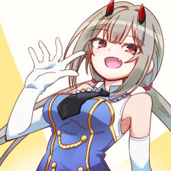 1girl :d arm_at_side assault_lily bare_shoulders black_necktie blue_shirt breasts collared_shirt commentary_request digamma elbow_gloves fang frilled_shirt frills fujita_asagao gloves grey_hair hand_up highres horns long_hair looking_at_viewer low_twintails mechanical_horns medium_breasts necktie odaiba_girls_high_school_uniform open_hand open_mouth red_eyes red_horns school_uniform shirt sleeveless sleeveless_shirt smile solo twintails two-tone_background two-tone_shirt upper_body white_background white_gloves white_shirt yellow_background