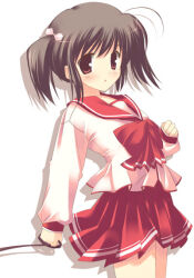 Rule 34 | 1girl, 2000s (style), :o, bad id, black hair, bow, bowtie, commentary request, drop shadow, kisaki yuu, legs together, long sleeves, miniskirt, open mouth, pleated skirt, red bow, red bowtie, red eyes, red sailor collar, red skirt, sailor collar, school uniform, serafuku, shirt, short hair, short twintails, simple background, skirt, solo, standing, to heart (series), to heart 2, twintails, white background, white shirt, yuzuhara konomi