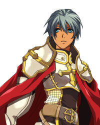 1boy armor belt black_tabard blue_eyes blue_hair breastplate brown_belt cape chainmail closed_mouth commentary_request cross cross_of_prontera expressionless gauntlets looking_afar lord_knight_(ragnarok_online) male_focus pauldrons piyoko_(mofumofuutacyan) ragnarok_online red_cape short_hair shoulder_armor simple_background solo tabard upper_body white_background