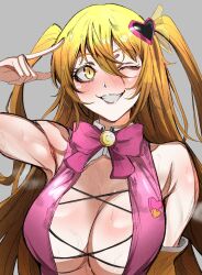 1girl blonde_hair breasts don_quixote_(project_moon) hair_ornament highres large_breasts limbus_company lobotomy_corporation nb8c neck_ribbon one_eye_closed project_moon queen_of_hatred ribbon twintails yellow_eyes