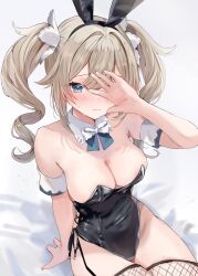 1girl alternate_costume animal_ear_hairband animal_ears barbara_(genshin_impact) black_leotard blonde_hair blue_eyes blush breasts closed_mouth commentary_request covering_face detached_collar detached_sleeves drill_hair fake_animal_ears fishnet_thighhighs fishnets genshin_impact grey_background hairband highres leotard looking_at_viewer maruro medium_breasts playboy_bunny rabbit_ear_hairband rabbit_ears sidelocks sitting solo strapless strapless_leotard thighhighs twin_drills twintails