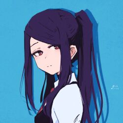 Rule 34 | 1girl, absurdres, bartender, blue background, collared shirt, commentary, dated, english commentary, highres, jill stingray, long hair, long sidelocks, long sleeves, looking at viewer, necktie, portrait, purple hair, purple vest, red eyes, red necktie, rnna, shirt, sidelocks, signature, simple background, solo, twintails, va-11 hall-a, vest, white shirt