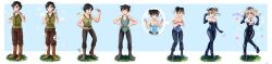 1boy 1girl absurdres barbara_(genshin_impact) belt black_hair blowing_bubbles blue_bodysuit blue_eyes blue_gloves blush bodysuit boots bow breasts brown_boots brown_eyes brown_pants cleavage covered_navel elbow_gloves elisabetlis genderswap genderswap_(mtf) genshin_impact gloves hat highres latex long_image nipples on_grass open_mouth original panicking pants sequential short_hair small_breasts surprised sweat transformation transforming_clothes twintails white_hair wide_image x-ray