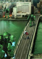 Rule 34 | artist request, bridge, car, city, fire, gun, gundam, highres, mecha, mobile suit gundam, motor vehicle, river, robot, smoke, water, weapon, zaku, zaku ii
