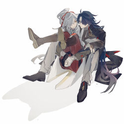 2boys blade_(honkai:_star_rail) blue_hair boots full_body grey_hair hair_over_one_eye high_ponytail highres honkai:_star_rail honkai_(series) jing_yuan long_hair long_sleeves looking_at_another male_focus mississipping multiple_boys pants ponytail red_eyes red_ribbon ribbon sitting very_long_hair white_background