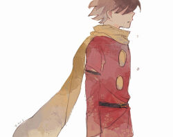 1boy belt black_boots boots brown_hair buttons coat crying cyborg cyborg_009 hair_between_eyes hair_over_eyes kmkr_umi military_uniform red_coat scarf shimamura_joe short_hair soldier spiked_hair streaming_tears tears upper_body yellow_scarf
