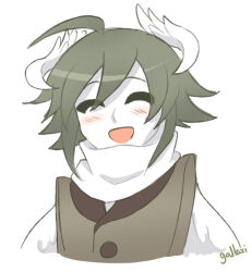 1boy =_= blush colored_skin cropped_torso funamusea gallaxi green_hair green_outline green_vest head_wings justim_(funamusea) male_focus open_mouth outline shirt short_hair sidelocks signature simple_background smile solo turtleneck turtleneck_shirt vest white_background white_skin white_wings wings