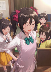1girl apron artist_name artist_request black_hair blush bow bowtie breasts brother_and_sister collared_shirt dress female_focus green_bow green_bowtie hair_between_eyes hair_bow long_hair long_sleeves looking_at_viewer love_live! love_live!_school_idol_project otonokizaka_school_uniform parted_lips pinafore_dress pink_apron red_bow red_eyes school_uniform shamakho shirt short_hair short_sleeves short_twintails siblings sisters sleeveless sleeveless_dress slice_of_life smile solo striped_bow striped_bowtie striped_clothes twintails upper_body white_shirt yazawa_cocoa yazawa_cocoro yazawa_cotaro yazawa_nico