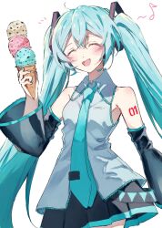 Rule 34 | 1girl, aqua hair, bare shoulders, closed mouth, commentary, cowboy shot, detached sleeves, eighth note, food, grey shirt, hatsune miku, highres, holding, holding food, holding ice cream, ice cream, kuten 1111, long hair, musical note, open mouth, shirt, sleeveless, sleeveless shirt, smile, solo, triple scoop, twintails, very long hair, vocaloid
