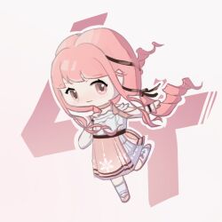 1girl arm_cutout baimoceng_daodi_yinggai_zenme_zuo bare_shoulders belt black_belt black_bow black_ribbon blunt_bangs bow bow_choker bow_legwear bowtie buttons center_frills chibi chinese_commentary choker closed_mouth commentary_request countdown_illustration cross-laced_clothes cross-laced_legwear double-parted_bangs drill_hair eyelashes falling floating_hair frilled_shirt frilled_skirt frilled_sleeves frills hair_bow hair_ribbon hand_on_own_chest infinity_nikki kneehighs layered_skirt leg_up light_blush long_hair long_sleeves low_twintails medium_skirt nikki_(nikki) nikki_(series) off-shoulder_shirt off_shoulder outline outstretched_arm perfect_start_(infinity_nikki) pink_bow pink_bowtie pink_choker pink_eyes pink_hair pink_shoes pink_skirt pleated_skirt puffy_long_sleeves puffy_sleeves ribbon second-party_source shirt shoes skirt sleeves_past_wrists smile snowflake_print snowflakes socks solo tareme tress_ribbon twin_drills twintails very_long_hair white_background white_outline white_shirt white_skirt white_socks