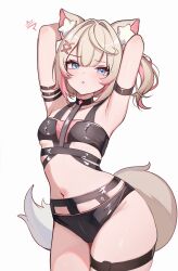 1girl absurdres animal_ears arm_strap arms_behind_head arms_up bikini black_bikini black_choker blonde_hair blue_eyes blush breasts chest_strap choker commentary dog_ears dog_girl dog_tail english_commentary eyeshadow hair_intakes hair_ornament hairclip highres hololive hololive_english hot_limit koahri looking_at_viewer makeup medium_hair mococo_abyssgard multicolored_hair one_side_up open_mouth pink_eyeshadow pink_hair signature simple_background skindentation solo streaked_hair swimsuit tail thigh_strap thighs two-tone_hair virtual_youtuber white_background x_hair_ornament yellow_tail