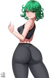 1girl ass breasts female_focus from_behind green_eyes green_hair highres huge_ass lips looking_at_viewer matching_hair/eyes one-punch_man pants rocky-ace short_hair skin_tight small_breasts solo tatsumaki thick_thighs thighs wide_hips yoga_pants