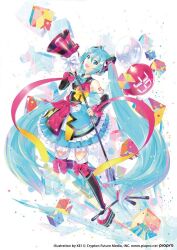 1girl 39 :d ahoge aqua_bow aqua_eyes aqua_hair arm_tattoo balloon black_sleeves black_thighhighs bow commentary_request copyright_notice cube dress frilled_dress frills full_body hair_between_eyes hair_ornament hatsune_miku holding holding_microphone_stand kei_(keigarou) long_hair magical_mirai_(vocaloid) magical_mirai_miku magical_mirai_miku_(2018) megaphone microphone_stand number_tattoo official_art open_mouth pink_bow second-party_source shoes sleeveless sleeveless_dress smile solo tattoo thighhighs twintails very_long_hair vocaloid white_background white_bow white_shoes yellow_bow