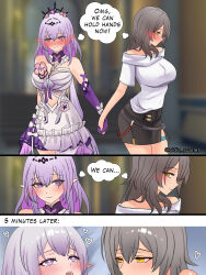 2girls bare_shoulders black_tiara blush breasts castorice_(honkai:_star_rail) dress eidis_scarlet gloves grey_hair heart heart-shaped_pupils highres holding_hands honkai:_star_rail honkai_(series) large_breasts long_hair miniskirt multiple_girls paid_reward_available pointy_ears purple_dress purple_eyes purple_gloves purple_hair shirt skirt speech_bubble stelle_(honkai:_star_rail) symbol-shaped_pupils thought_bubble tiara trailblazer_(honkai:_star_rail) very_long_hair white_shirt yellow_eyes yuri