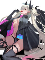 1girl black_cloak black_hands black_panties black_thighhighs body_markings breasts candy choker cloak colored_extremities crossed_bangs demon_girl demon_horns demon_wings ear_piercing fate/grand_order fate_(series) food genshu_doki green_eyes grey_hair hair_between_eyes highres horns lilith_(fate) lilith_(second_ascension)_(fate) lollipop long_hair looking_at_viewer medium_breasts navel open_mouth panties piercing pointy_ears smile solo stomach_tattoo tattoo thighhighs thighs tongue tongue_out twintails underwear very_long_hair wings