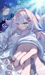 1girl :3 absurdres air_bubble aquarium black_bow blue_bow blue_cardigan blue_eyes blue_hair blush bow bowtie bubble cardigan caustics closed_mouth dress fang finger_to_mouth fish foreshortening hair_between_eyes hair_bow hair_intakes heart heterochromia highres jacket light_rays long_hair long_sleeves looking_at_viewer low_twintails multicolored_hair open_cardigan open_clothes outstretched_arm pink_hair reaching reaching_towards_viewer renael_0424 rurune_(vrchat) shirt sidelocks skin_fang skirt sleeves_past_wrists smile solo sweater tropical_fish twintails underwater vrchat water whale white_hair white_jacket white_shirt white_sweater yellow_eyes
