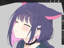1girl animal_ears art_program_in_frame art_program_request black_choker black_jacket blue_archive blush cat_choker cat_ears choker close-up closed_eyes colored_inner_hair commentary_request green_sailor_collar hair_ornament hairpin highres hood hood_down hooded_jacket jacket kazusa_(blue_archive) kurumi_kororin medium_hair multicolored_hair no_halo pink_hair portrait purple_hair sailor_collar screencap sidelocks