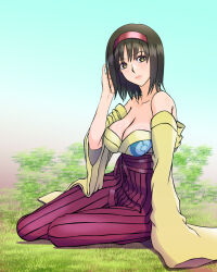 Rule 34 | absurdres, arm support, black hair, blush, body blush, breasts, cleavage, erika (pokemon), green eyes, green kimono, hand in own hair, highres, japanese clothes, kimono, large breasts, lips, long sleeves, looking at viewer, nintendo, off shoulder, on grass, pokemon, pokemon frlg, red skirt, sidelocks, sitting, skirt, whnh4427, yokozuwari