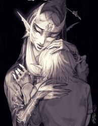 1boy 1girl 2022 absurdres ang3lteeth black_background closed_eyes commentary english_commentary fingerless_gloves gloves greyscale hand_on_another&#039;s_head highres link long_hair midna midna_(true) monochrome nintendo pointy_ears simple_background the_legend_of_zelda the_legend_of_zelda:_twilight_princess