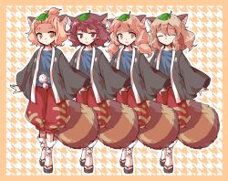 4girls :o alphes_(style) animal_ears black_kimono black_sandals blonde_hair blue_shirt border brown_eyes brown_hair closed_eyes closed_mouth commentary_request dairi facing_viewer full_body japanese_clothes kimono large_variant_set leaf leaf_on_head long_hair long_sleeves looking_at_viewer multiple_girls okobo open_clothes open_kimono open_mouth orange_eyes orange_hair outline parody platform_sandals raccoon_ears raccoon_girl raccoon_tail red_shorts sandals shirt short_hair shorts smile socks standing style_parody tabi tail tanuki_mob_(touhou) thick_eyebrows touhou variant_set white_outline white_socks wide_sleeves yellow_border
