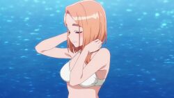 1girl animated anime_screenshot bikini black_bikini blue_bikini closed_eyes collarbone earrings highres jewelry navel necklace o-ring o-ring_bikini o-ring_top orange_hair purple_eyes shiunji-ke_no_kodomotachi shiunji_banri sound stomach swimsuit tagme thighs video water whale_tail_(clothing) white_bikini