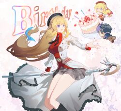 Rule 34 | 1boy, 1girl, absurdres, agnes claudel, beret, birthday cake, black hair, blonde hair, blue eyes, blue hair, bow, breasts, cake, chibi, coat, eiyuu densetsu, english text, food, hair bow, happy birthday, hat, highres, holding, holding staff, kai no kiseki, kuro no kiseki (series), large breasts, long hair, low-tied long hair, low-tied sidelocks, mage staff, multicolored hair, necktie, senya8833, short hair, sidelocks, skirt, smile, staff, two-tone hair, van arkride