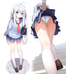 1girl 1other ahoge blue_cardigan blue_eyes blue_sailor_collar blue_skirt blush breasts brown_footwear cardigan clothes_lift commentary_request hair_ornament hairclip highres kneehighs long_sleeves miniskirt multiple_views neckerchief open_mouth original panties pleated_skirt print_panties red_neckerchief sailor_collar school_uniform serafuku sidelocks sironora skirt skirt_flip skirt_lift small_breasts socks standing star_(symbol) star_panties star_print twintails underwear white_hair white_socks