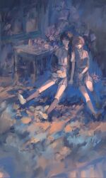 Rule 34 | 2girls, black hair, black jacket, black socks, blue necktie, blue skirt, brown hair, brown vest, cat, closed eyes, commentary, hair between eyes, hashtag-only commentary, highres, holding hands, interlocked fingers, jacket, kneehighs, long hair, luluandpaba, multiple girls, naoi (zenbu kowashite jigoku de aishite), necktie, open clothes, open jacket, plaid clothes, plaid skirt, school uniform, shirt, short hair, short sleeves, single off shoulder, sitting, skirt, sleeping, socks, table, vest, white shirt, yoshizawa kurumi, yuri, zenbu kowashite jigoku de aishite