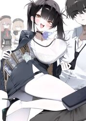 1girl amu1207 anis_(nikke) ass black_choker black_hair bra_visible_through_clothes breasts choker commander_(nikke) goddess_of_victory:_nikke high_heels highres jacket large_breasts leg_up long_hair looking_at_viewer open_clothes open_jacket panties pantyhose rapi_(nikke) red_eyes shirt skirt smile solo sora_(nikke) twintails underwear white_background white_pantyhose white_shirt
