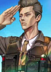 1boy artist_name blue_background blurry body_armor brown_eyes brown_hair brown_jacket brown_necktie cheekbones closed_mouth collared_shirt crying crying_with_eyes_open depth_of_field english_text goddess_of_victory:_nikke gradient_background hair_slicked_back highres jacket lips looking_ahead male_focus military_uniform necktie nose oswald_(nikke) realistic salute shirt short_hair solo tears upper_body watermark white_shirt yukinoshin_f zipper